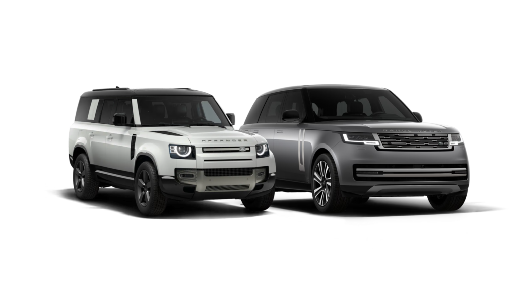 White Land Rover Defender and grey Range Rover parked side by side to represent vehicles available through the Pivotal personal subscription.