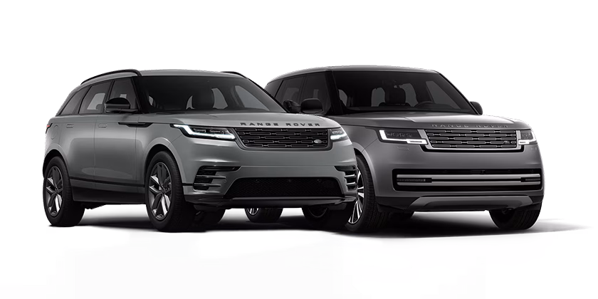 Two grey Range Rover vehicles, a Velar and a Range Rover, shown side-by-side highlighting the Range Rover family models.