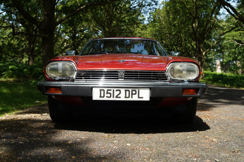 Front view of a classic red vintage car parked on a tree-lined road, highlighting its distinctive grille and headlights.