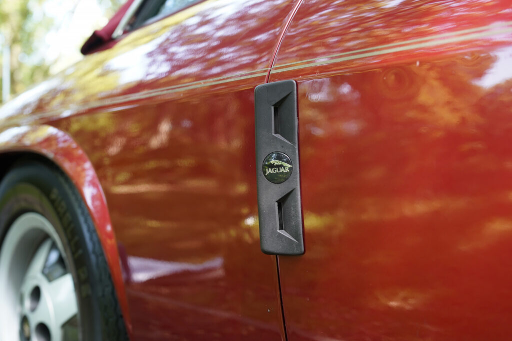 Close-up of a red Jaguar car's door handle featuring the Jaguar emblem on a sunny day.